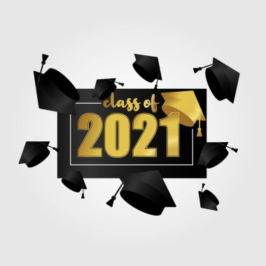 2021 sınıfı. Beyaz arka planda akademik şapkalı altın sayı. Mezuniyet tasarımı şablonu, lise ya da üniversite mezuniyeti, yıllık. Vektör illüstrasyonu
