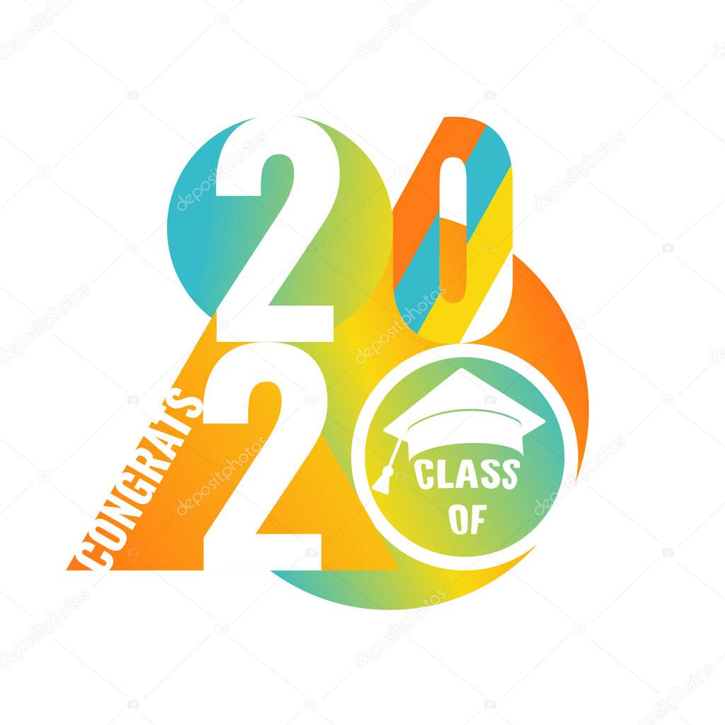 Class of 2020. Colorful number 2020 with geometric shape, education academic cap. Template for graduation design frame, high school or college congratulation graduate, yearbook. Vector illustration.
