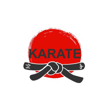Karate - vektör stilize yazı tipi siyah kuşak Japon dövüş sanatları ile beyaz arka planda kırmızı mürekkep güneşi. El çizimi Asya sporu el yazısı