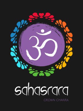 Mor bir el üzerinde Sahasrana çakra sembolü çizilmiş fırça dairesi güneşi, vektör zen illüstrasyonu. 