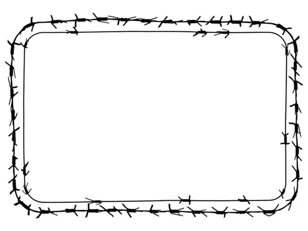 丸みを帯びた黒の有刺鉄線ベクトル長方形のフレーム 白い背景に金属製のフェンスのイラスト グラフィック軍事境界線オブジェクト — ストックベクタ
