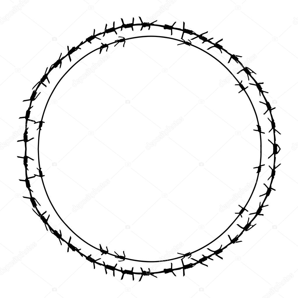 Black barbed wire vector round frame. Metal circle fence illustration isolated on white background. Graphic military border object