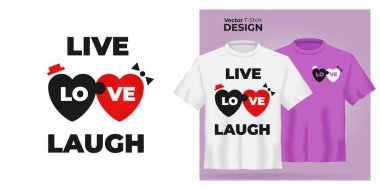 Vector tişörtü, üzerinde kalp izi olan bir model. 3D gerçekçi gömlek şablonu. Pembe ve beyaz erkek ve kız tee-shirt, ön görüş tasarımı, yazı ile bulmaca kalp deseni Live, Love, Laugh