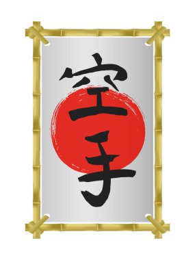 Bambu dikey fotoğraf çerçevesi vektör şablonu. Karate-Asya dövüş sanatları - Japon kaligrafi sembolleri.. 