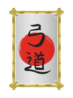 Bambu dikey fotoğraf çerçevesi vektör şablonu. Kyudo-Asya dövüş sanatları okçuluk vektörü-Japon yazı sembolleri.. 