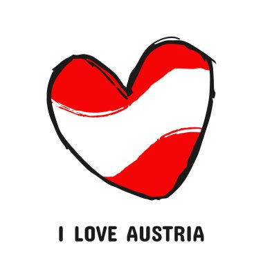Avusturya seni seviyorum. Bayrağın ulusal renklerinde elle çizilmiş kalp işareti. Vektör çizimi. Bağımsızlık Günü afişi ya da posteri. Renkli tişört baskısı