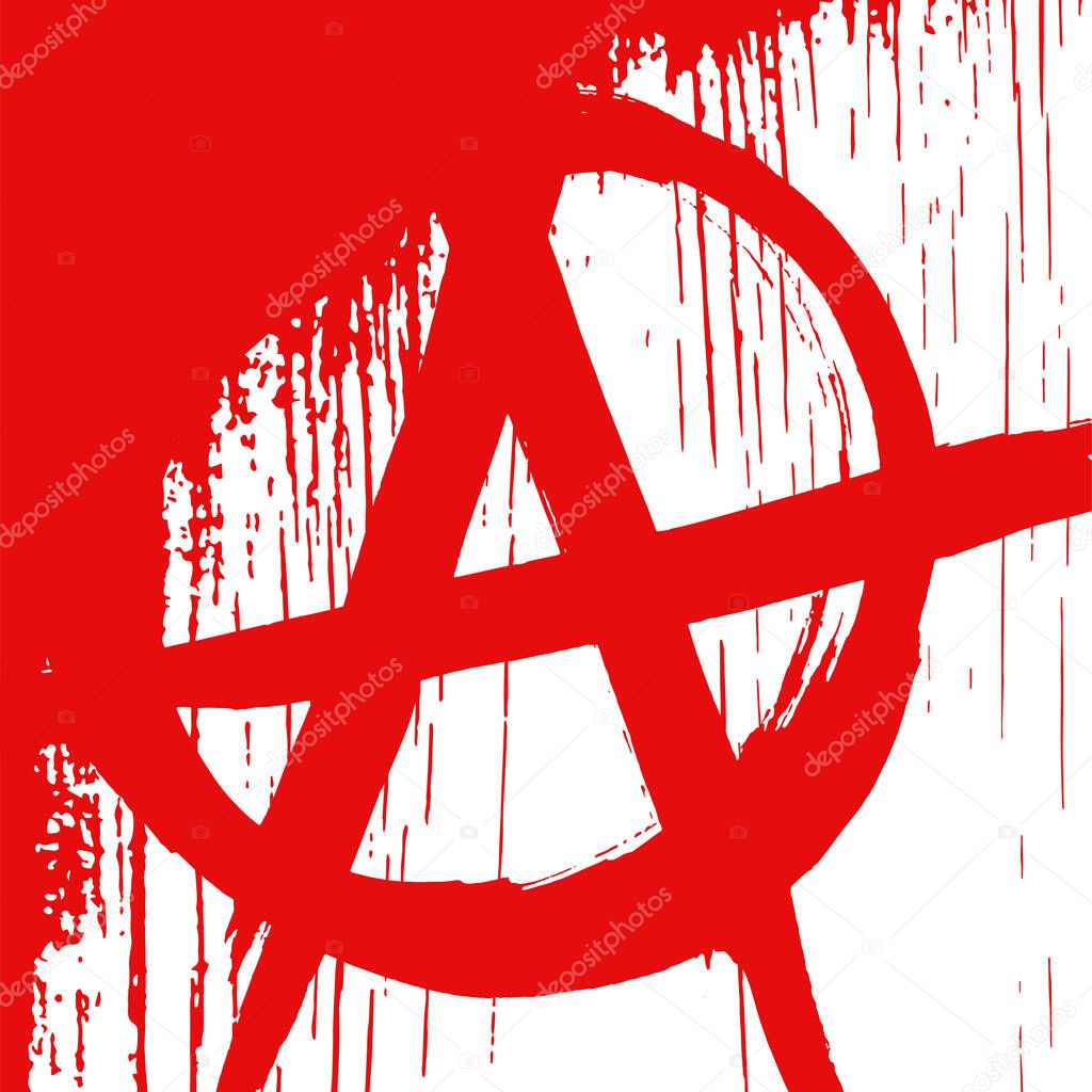 Red grunge texture with ink hand drawn symbol of anarchy with blood drops. Vector abstract vintage pattern. Background with noise and grain. Punk rock banner template.