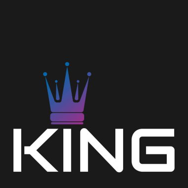 Beyaz harfli slogan - kral - renkli mavi ve mor gradyan kraliyet taç ikonu. Siyah arkaplan ve boş yeri olan metin için vektör minimumu illüstrasyonu