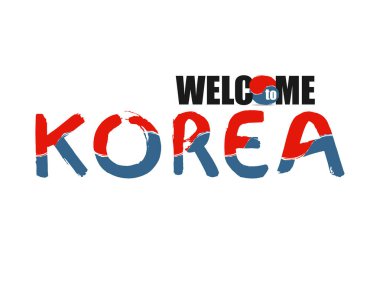 Ulusal ülke bayrağının renklendirilmiş Güney Kore fontuna hoş geldiniz. El çizimi vektör çizimi. Korece renkli fırça darbeleri boyalı yazı. 