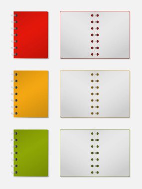 Üç boyutlu gerçekçi kapaklı bir defter. Temiz sayfası olan dikey düzenleyici. Renkli not defteri ya da günlük şablonu. Gümüş spiralli boş açık ve kapalı kitabın bir kopyası