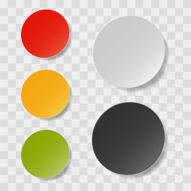 Vektör gerçekçi beyaz ve siyah, ve renkli yuvarlak etiket izole edilmiş gibi. Yapışkan kağıt hatırlatıcı şablonlar. Tasarımınız için 3d kağıt daire çizelgesi.