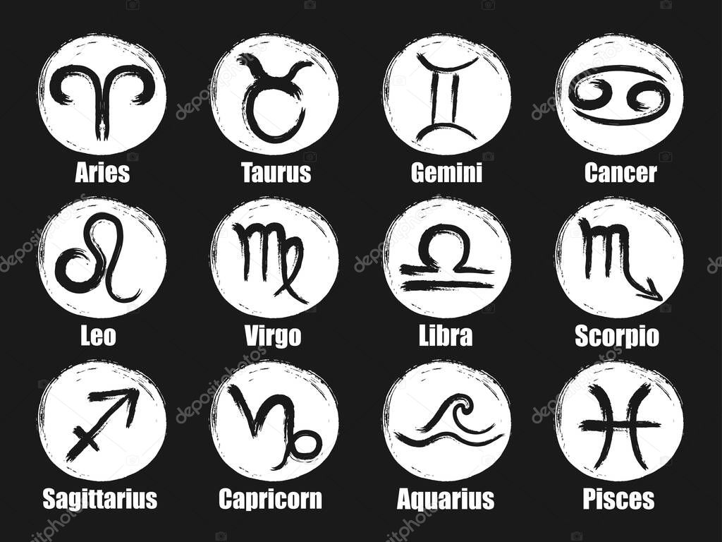 Vector zodiac signs with text. Hand drawn calligraphic horoscope icon. Astrology symbols
