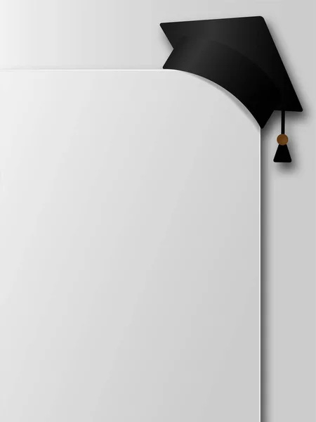 3D Graduation hat on board mock up  corner. Vector education cap or mortarboard on paper diploma mockup with empty place for your text. Graduate design element isolated on white background