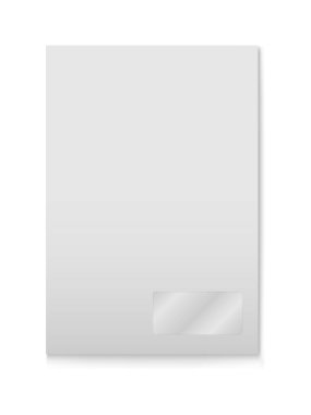 Beyaz arka planda izole edilmiş penceresi olan beyaz a4 kağıdının vektör modeli. Gri dikey posta kapak şablonu. Kurumsal kimlik tasarımınız için 3D illüstrasyon