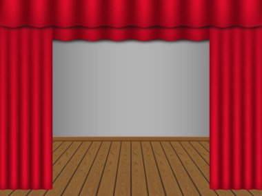 Kırmızı perdeleri ve ahşap zemini olan boş bir tiyatro sahnesi. Vektör sinema beyaz ekran arkaplanı