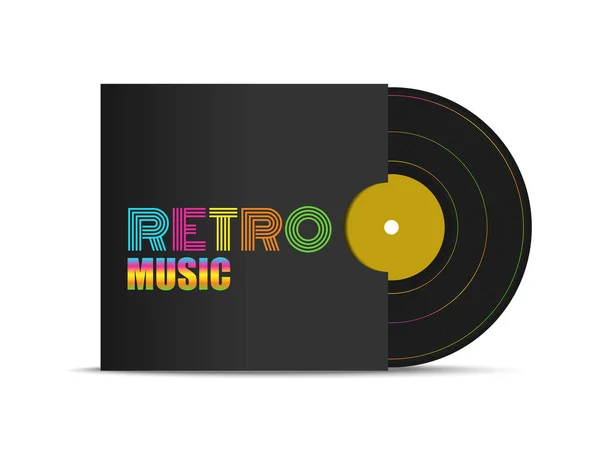 Realistická Černá Vinylová Deska Černé Obálce Barevným Písmem Retro Music — Stockový vektor