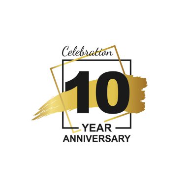 Çerçevesi ve el çizimi mürekkep fırçası altın kurdelesiyle 10. yıl dönümü logosu. Beyaz arkaplan ve siyah numara üzerindeki 10 doğum günü partisi poster tebrik kartı için vektör şablonu ögesi. 