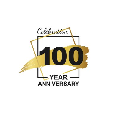 Çerçeve ve el fırçası altın kurdeleli 100. altın yıl dönümü logosu. Beyaz arkaplan ve siyah numara üzerinde 100 doğum günü partisi poster tebrik kartı için vektör şablonu ögesi. 