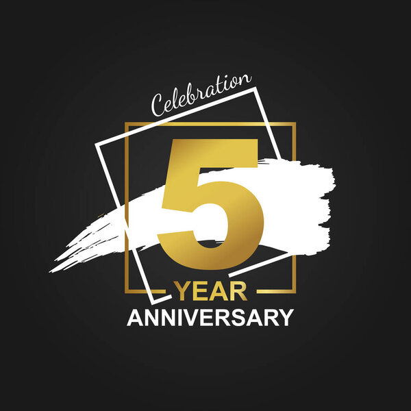 5th golden anniversary logo celebration with frame and hand drawn ink brush white ribbon. Vector template element for your 5 birthday party poster greeting card on black background and gold number. 