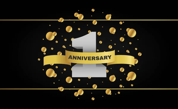 1 year anniversary celebration logo with golden drop and ribbon isolated on black background. Vector 3d luxury design for invitation and greeting card, banner and poster - Vector