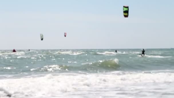 Kitesurfing, egy csoport a sportolók a hullám meglovaglása — Stock videók