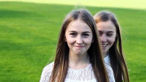 Две очаровательные сестры эмоциональные близнецы — стоковое видео