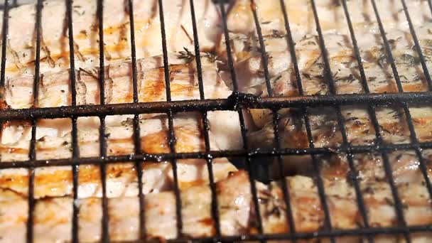La carne jugosa se fríe en la rejilla a fuego — Vídeo de stock