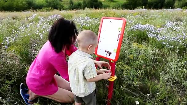 Feliz madre e hijo pintan colores en la naturaleza — Vídeos de Stock