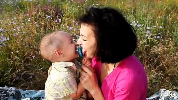 Feliz mãe e filho brincando ao ar livre — Vídeo de Stock