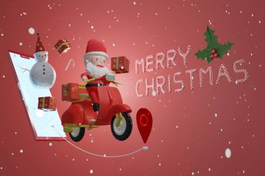 3D görüntüleme, Noel Baba scooter 'a biniyor ve Kardan Adam' a akıllı telefondan hediye getiriyor. Noel 'de kar yağan insanlara hediye.