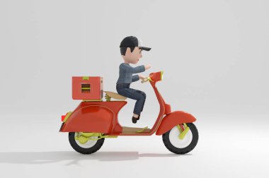 3D illüstrasyon, Yan Görünüm, Ekspres Teslimat motosiklet veya scooter ile