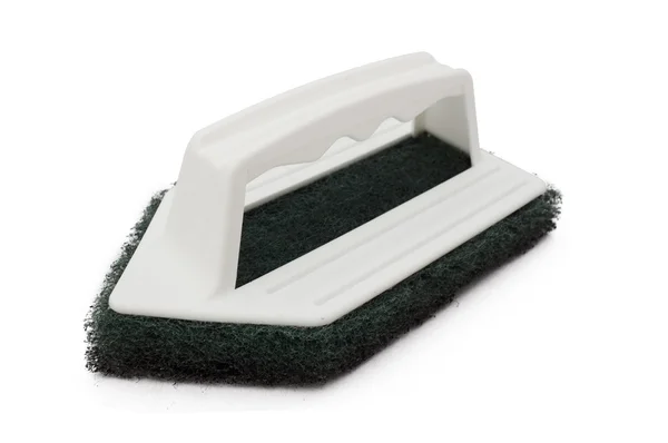 Sauberer Wäscher isoliert auf weißem Hintergrund, grüner Faserscheuerer mit Kunststoffgriff — Stockfoto
