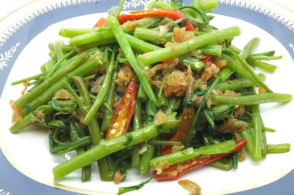 Stir Fried Water Spinach, Morning Glory with dry shrimp, seafood, thai food — Stock Photo, Image