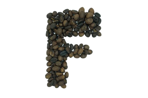 F, kahve çekirdeği beyaz arka plan üzerinde izole gelen alfabe — Stok fotoğraf