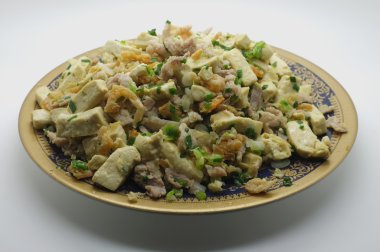 Stir fried tofu, bean curd with pork and dried shrimp