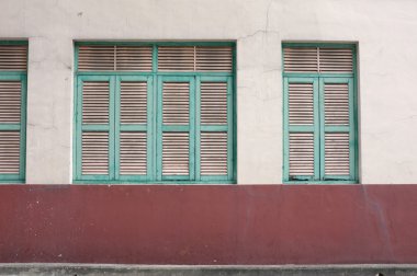 Yaşlı duvarda Vintage yeşil pencere