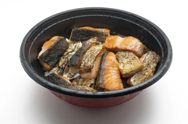 Grilled Salmon over boiled rice in bowl — Stock Photo, Image