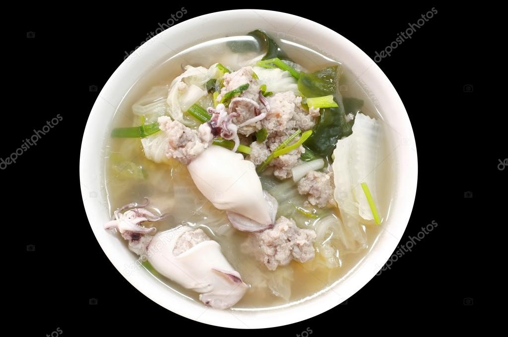 Squid stuffed with minced pork and vegetable soup