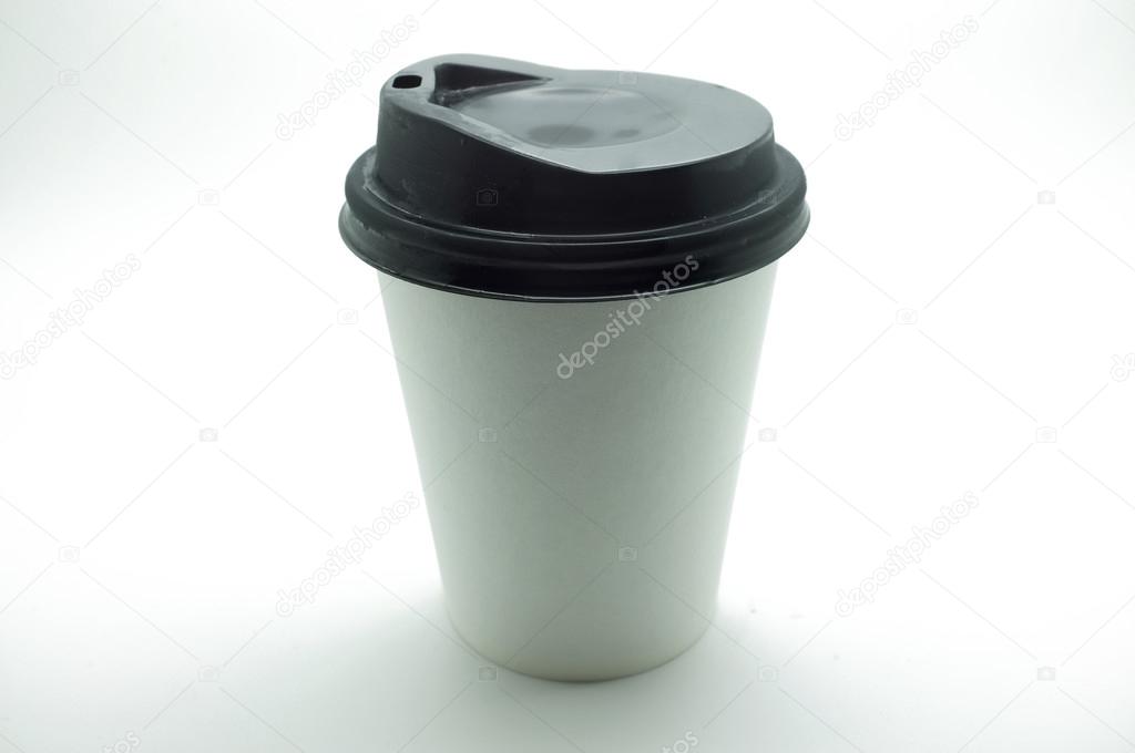 White paper coffee cup with black plastic lid