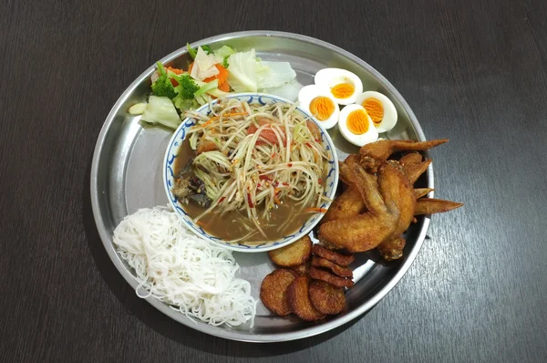 Conjunto de ensalada de papaya, comida picante tailandesa — Foto de Stock