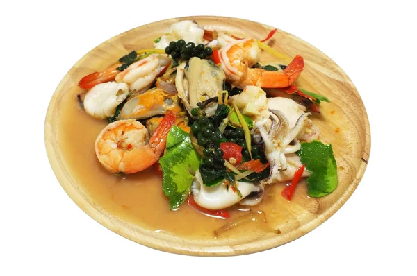 Mexa frutos do mar picantes fritos com ervas mistas, comida tailandesa — Fotografia de Stock