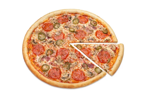 Foto Van Een Hele Italiaanse Pizza Een Gesneden Plak Voor — Stockfoto