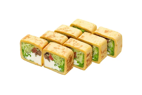 Cocina Japonesa Set Maki Roll Con Salmón Champiñones Ensalada Aislado — Foto de Stock