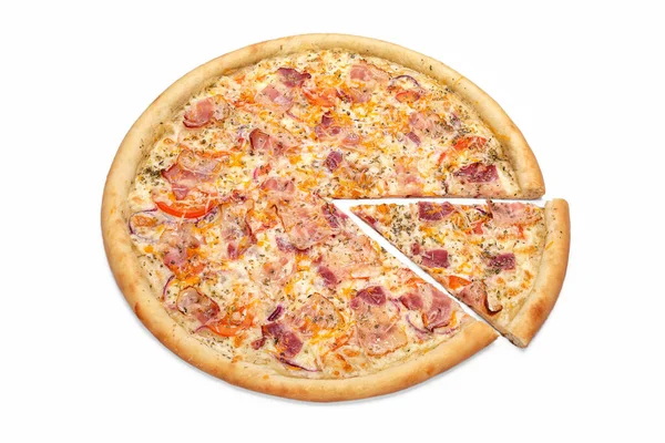 Świeża Włoska Pizza Mięsna Kawałek Pizzy Odizolowana Białym Tle Ulotka — Zdjęcie stockowe