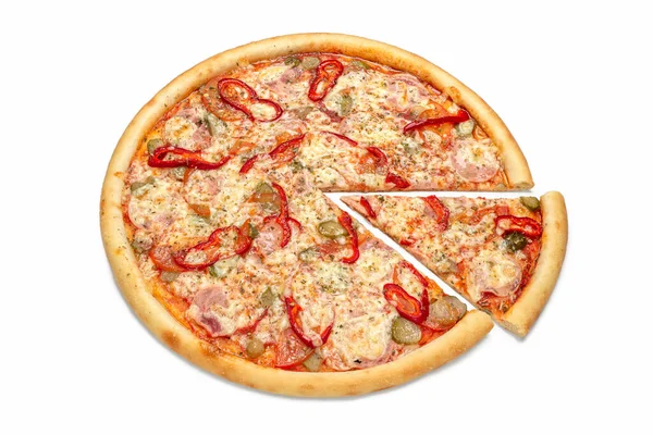 Świeża Włoska Pizzeria Kawałek Pizzy Odizolowany Białym Tle Ulotka Reklamowa — Zdjęcie stockowe