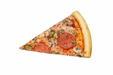 Hologram ve etli pizza dilimi, ilan konsepti, poster, pizza menüsü. Boşluğu kopyala, izole.