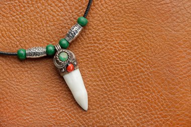 Timsah dişi ve turkuazlı gümüş kolye. Kahverengi deri arka plan, yakın çekim, stüdyo çekimi..