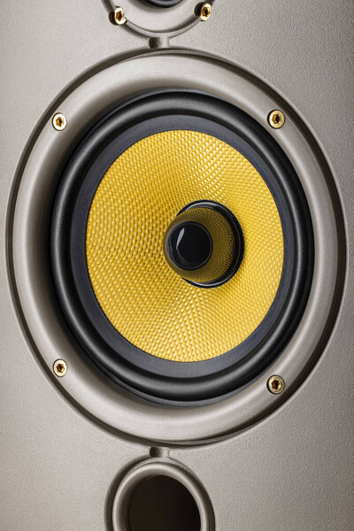 Acoustic system. Mid-range speaker, yellow Kevlar coating, close-up.