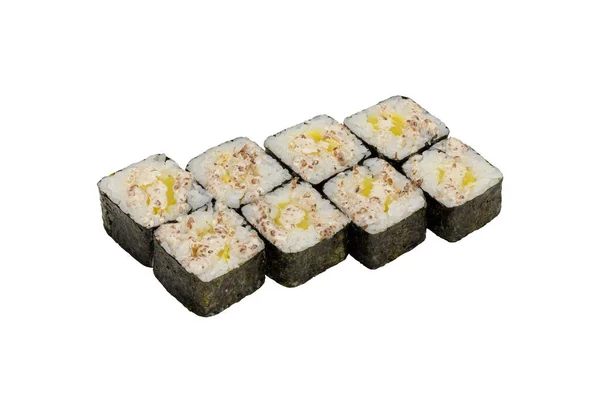 Cozinha Japonesa Rolos Sushi Com Abacaxi Fundo Branco Isolado Close — Fotografia de Stock