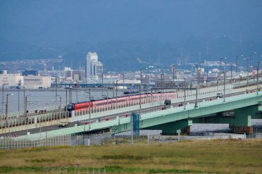Izumisano, Japonya - 25 Ekim 2025 - Osaka KIX Havalimanı 'nın körfezdeki yapay adasıyla buluştuğu Sky Gate Köprüsü R' de demiryolu ve otoyol